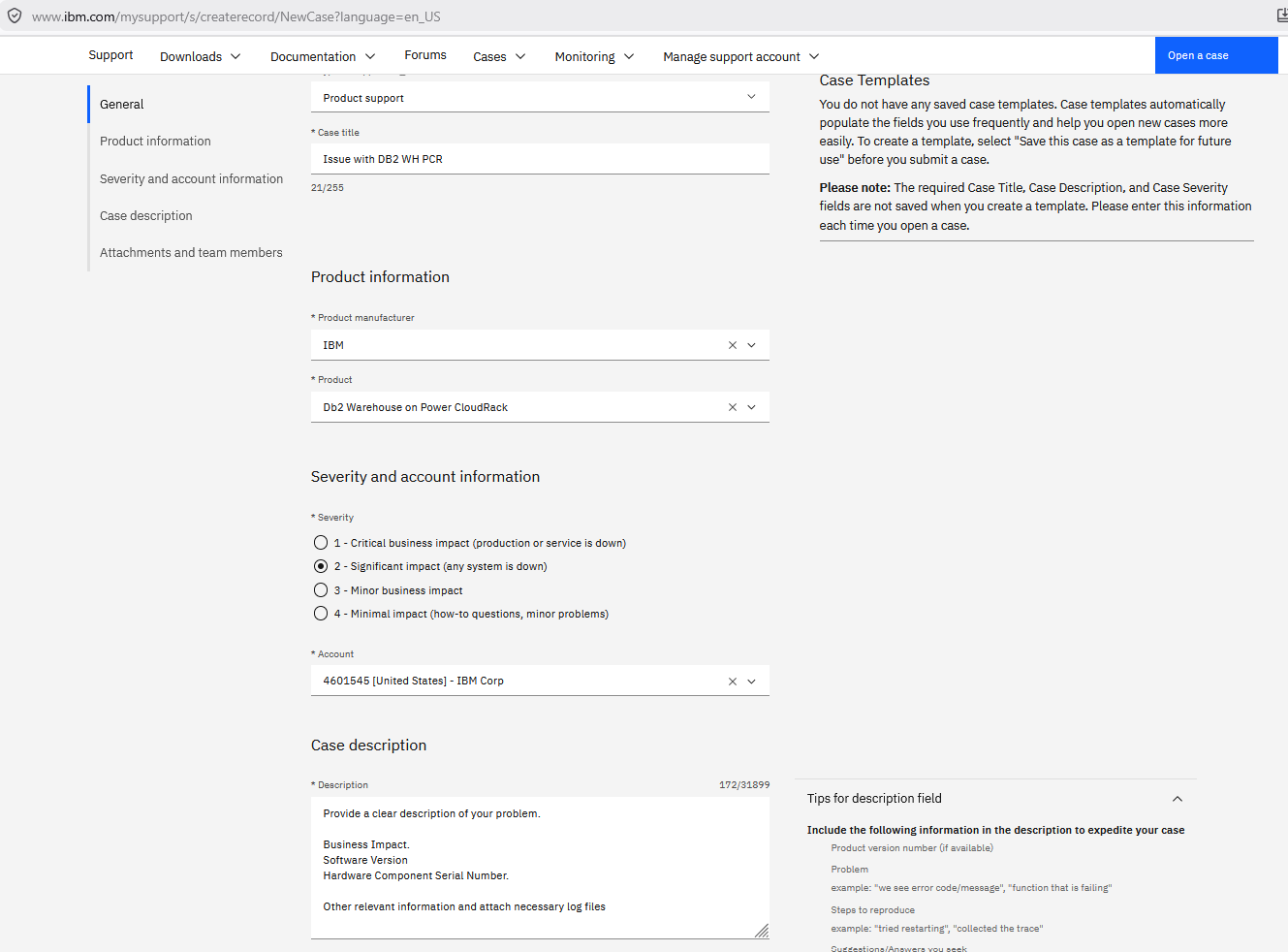 Figure 2: Case Template for opening a new support ticket through the CSP